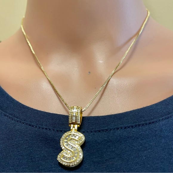 FASHION JEWELRY CHAIN STAINLESS STEEL LETTER S WITH ZIRCONIA MEDAL GOLD COLOR - Picture 3 of 13